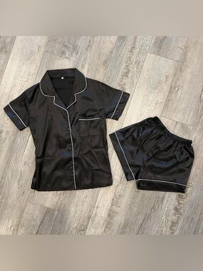 Black Satin Short Sleeve Pajama Set with White Piping